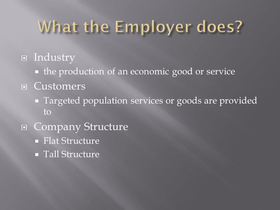 Industry the production of an economic good or service Customers Targeted population services or goods are provided to Company Structure Flat Structure Tall Structure