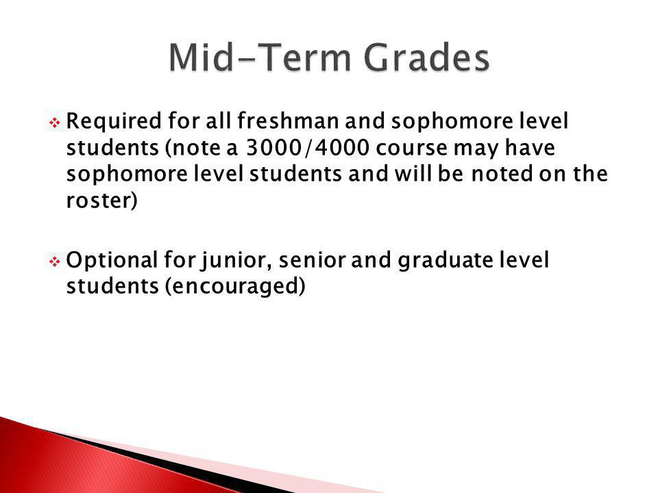 Required for all freshman and sophomore level students (note a 3000/4000 course may have sophomore level students and will be noted on the roster) Optional for junior, senior and graduate level students (encouraged)