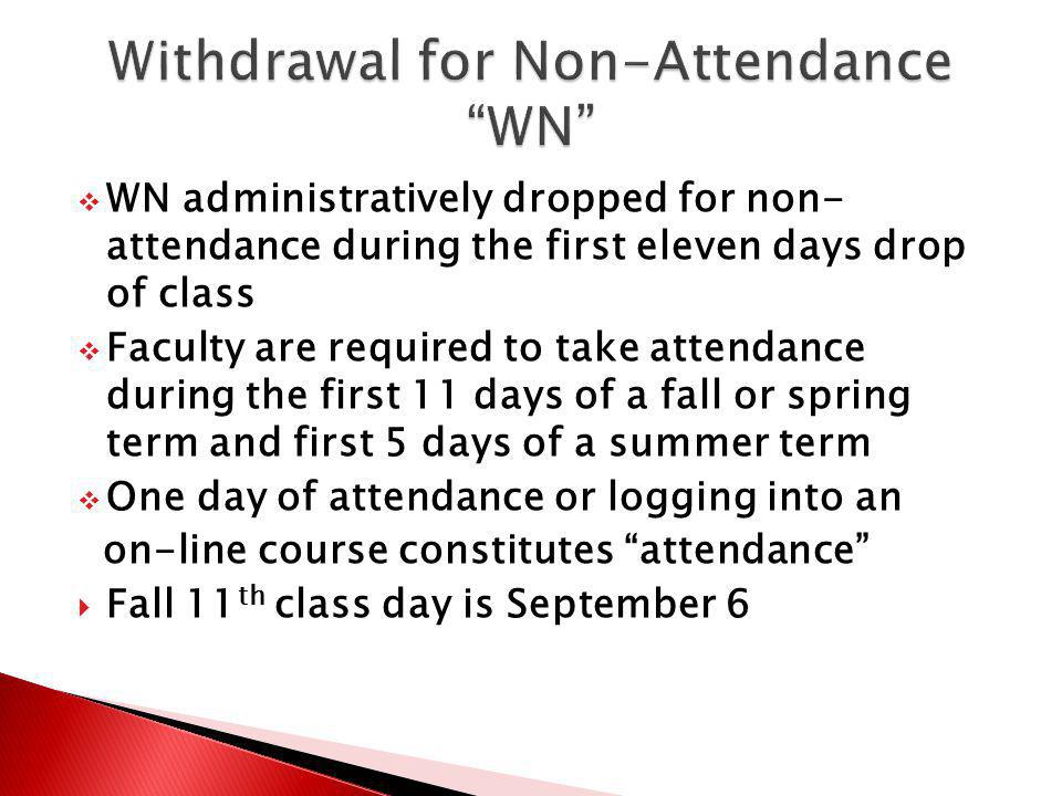 WN administratively dropped for non- attendance during the first eleven days drop of class Faculty are required to take attendance during the first 11 days of a fall or spring term and first 5 days of a summer term One day of attendance or logging into an on-line course constitutes attendance Fall 11 th class day is September 6