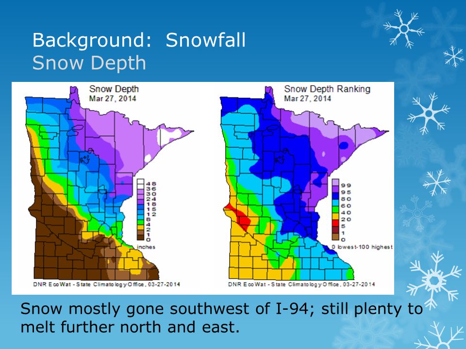 Background: Snowfall Snow Depth Snow mostly gone southwest of I-94; still plenty to melt further north and east.