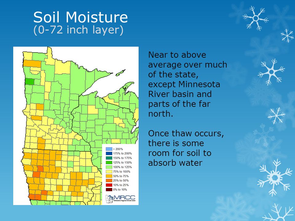 Soil Moisture (0-72 inch layer) Near to above average over much of the state, except Minnesota River basin and parts of the far north.