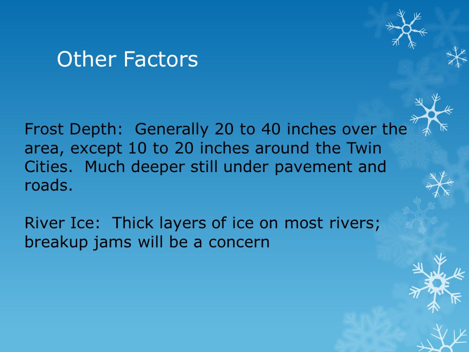 Frost Depth: Generally 20 to 40 inches over the area, except 10 to 20 inches around the Twin Cities.