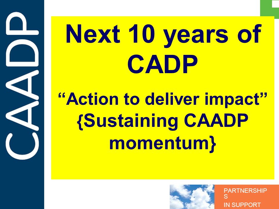 PARTNERSHIP S IN SUPPORT OF CAADP Next 10 years of CADP Action to deliver impact { Sustaining CAADP momentum}