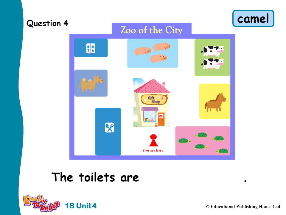 1B Unit 4 © Educational Publishing House Ltd Question 4 The toilets are behind the camel. camel