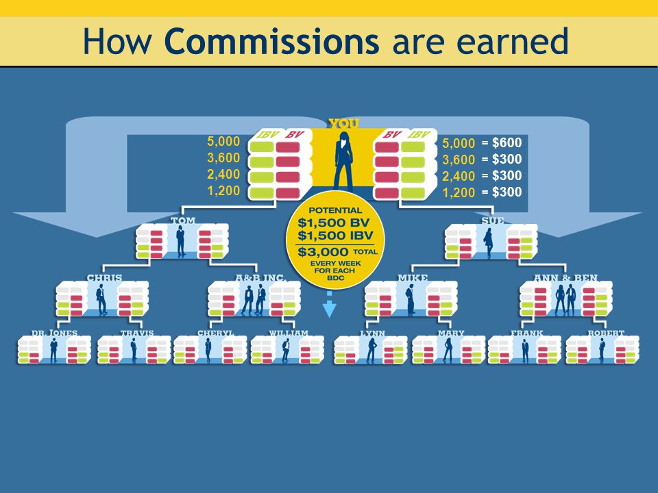 How Commissions are earned 1,200 2,400 3,600 5,000 1,200 2,400 3,600 5,000 = $600 = $300