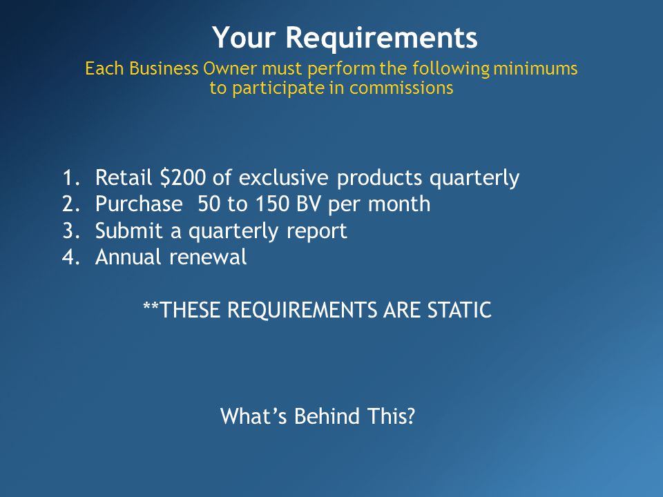 Your Requirements Each Business Owner must perform the following minimums to participate in commissions 1.Retail $200 of exclusive products quarterly 2.Purchase 50 to 150 BV per month 3.Submit a quarterly report 4.Annual renewal **THESE REQUIREMENTS ARE STATIC Whats Behind This
