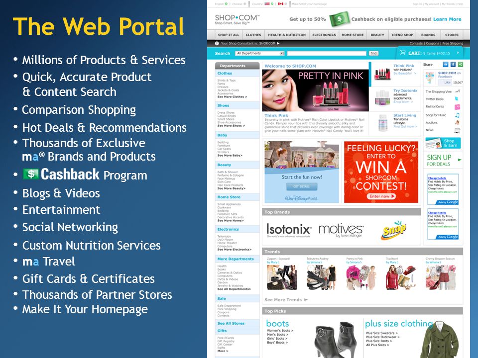 The Web Portal Make It Your Homepage Quick, Accurate Product & Content Search Entertainment Social Networking Comparison Shopping Hot Deals & Recommendations Thousands of Exclusive ma ® Brands and Products Program Blogs & Videos Thousands of Partner Stores Millions of Products & Services Custom Nutrition Services ma Travel Gift Cards & Certificates
