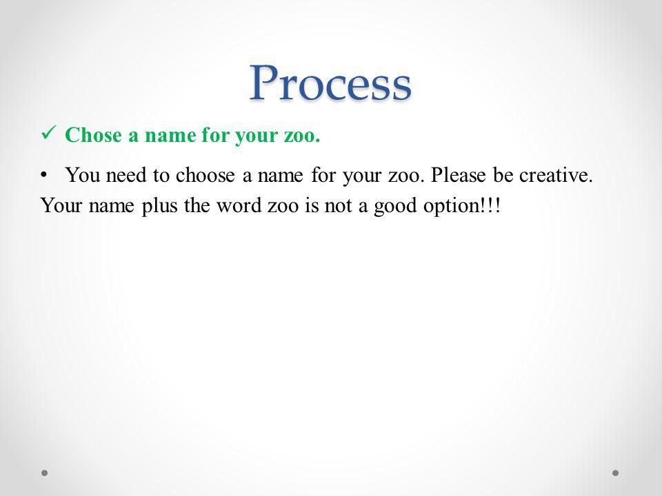 Process Chose a name for your zoo. You need to choose a name for your zoo.