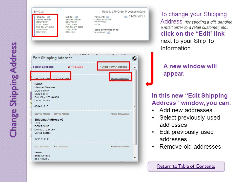 To change your Shipping Address (for sending a gift, sending a retail order to a retail customer, etc.) click on the Edit link next to your Ship To Information A new window will appear.