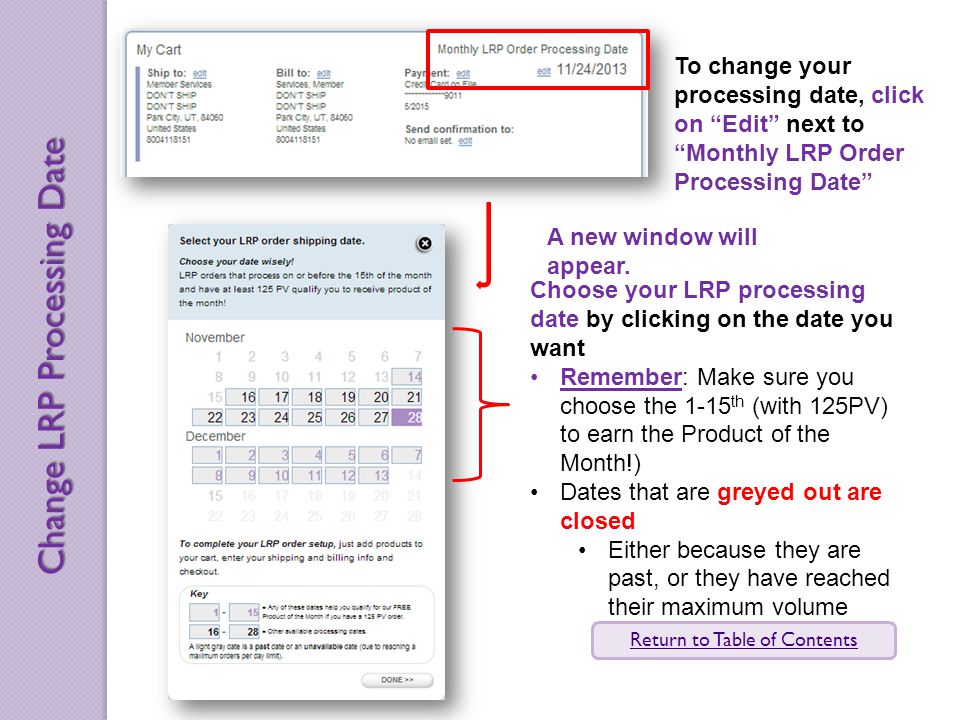 To change your processing date, click on Edit next to Monthly LRP Order Processing Date Choose your LRP processing date by clicking on the date you want Remember: Make sure you choose the 1-15 th (with 125PV) to earn the Product of the Month!) Dates that are greyed out are closed Either because they are past, or they have reached their maximum volume A new window will appear.