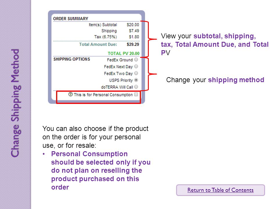 View your subtotal, shipping, tax, Total Amount Due, and Total PV Change your shipping method You can also choose if the product on the order is for your personal use, or for resale: Personal Consumption should be selected only if you do not plan on reselling the product purchased on this order Change Shipping Method Return to Table of Contents