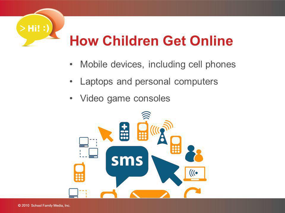 How Children Get Online Mobile devices, including cell phones Laptops and personal computers Video game consoles