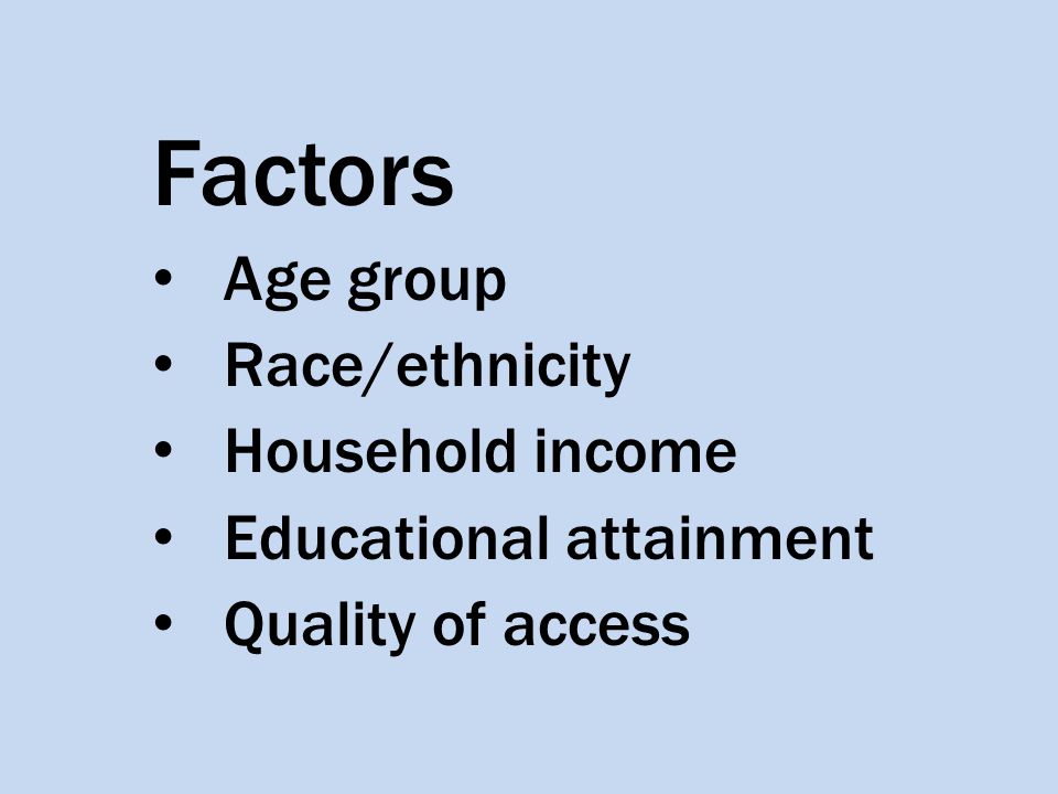 Factors Age group Race/ethnicity Household income Educational attainment Quality of access