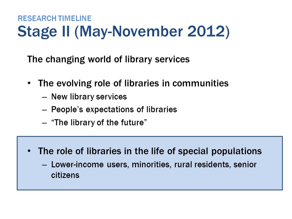 RESEARCH TIMELINE Stage II (May-November 2012) The changing world of library services The evolving role of libraries in communities – New library services – Peoples expectations of libraries – The library of the future The role of libraries in the life of special populations – Lower-income users, minorities, rural residents, senior citizens