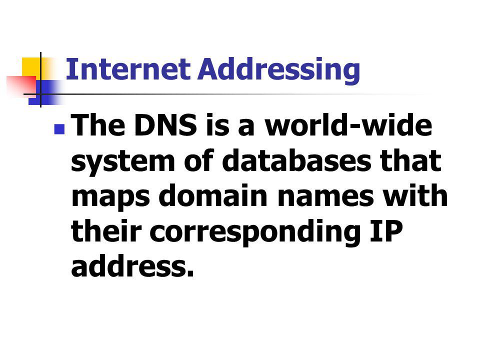The DNS is a world-wide system of databases that maps domain names with their corresponding IP address.