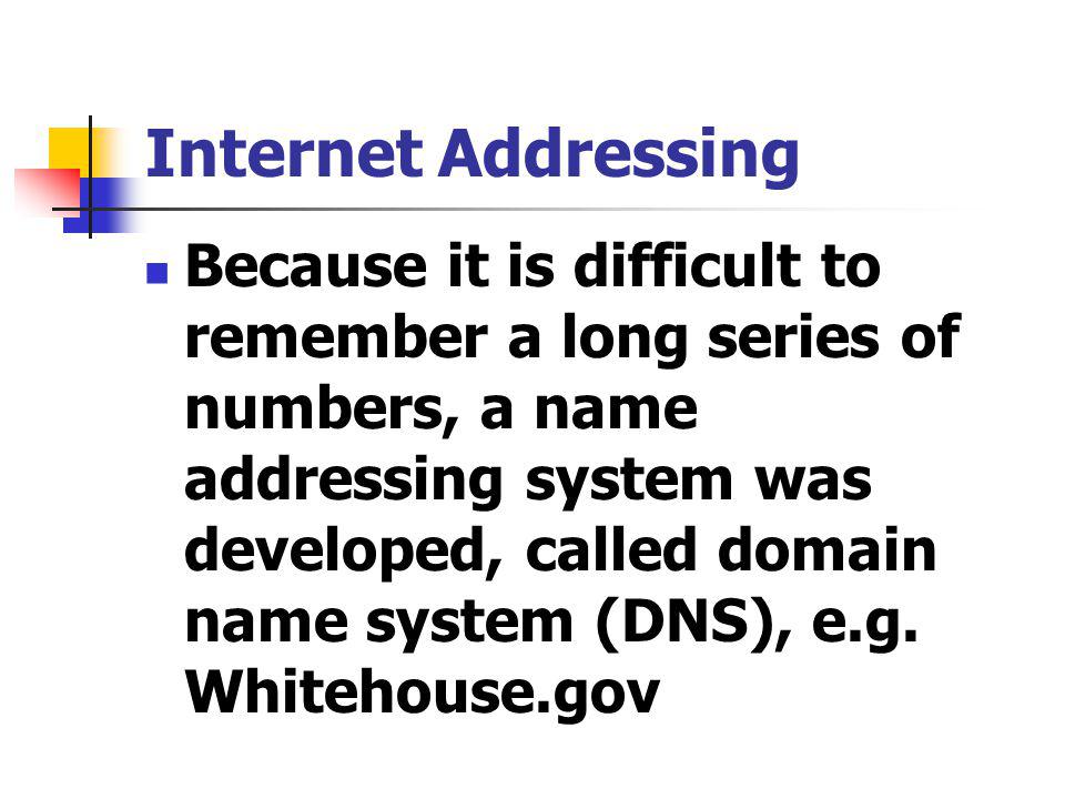 Because it is difficult to remember a long series of numbers, a name addressing system was developed, called domain name system (DNS), e.g.