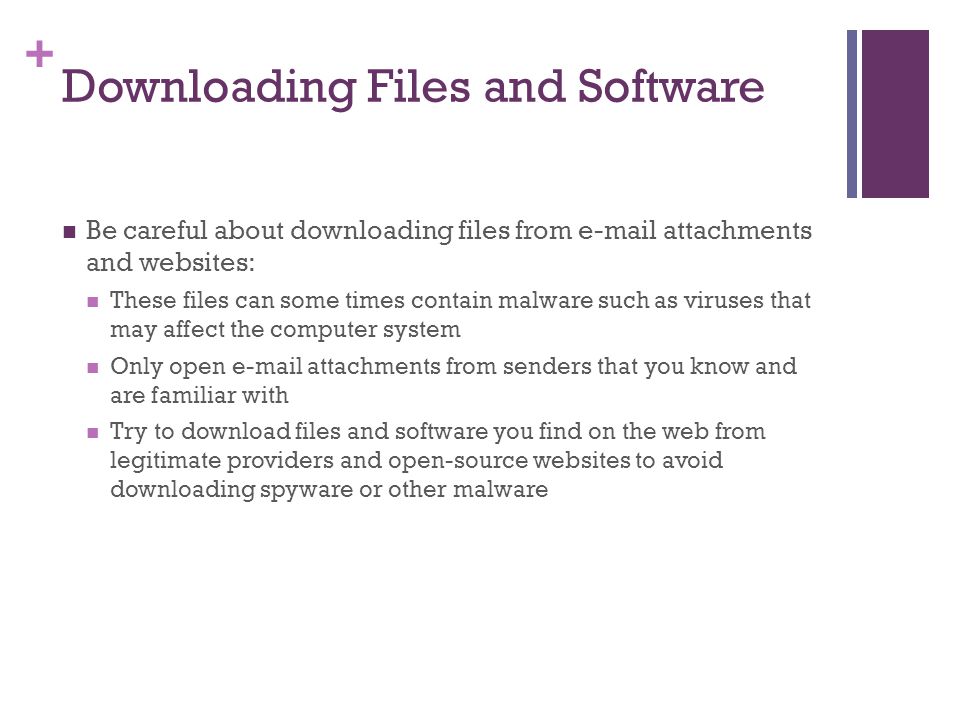 + Downloading Files and Software Be careful about downloading files from  attachments and websites: These files can some times contain malware such as viruses that may affect the computer system Only open  attachments from senders that you know and are familiar with Try to download files and software you find on the web from legitimate providers and open-source websites to avoid downloading spyware or other malware