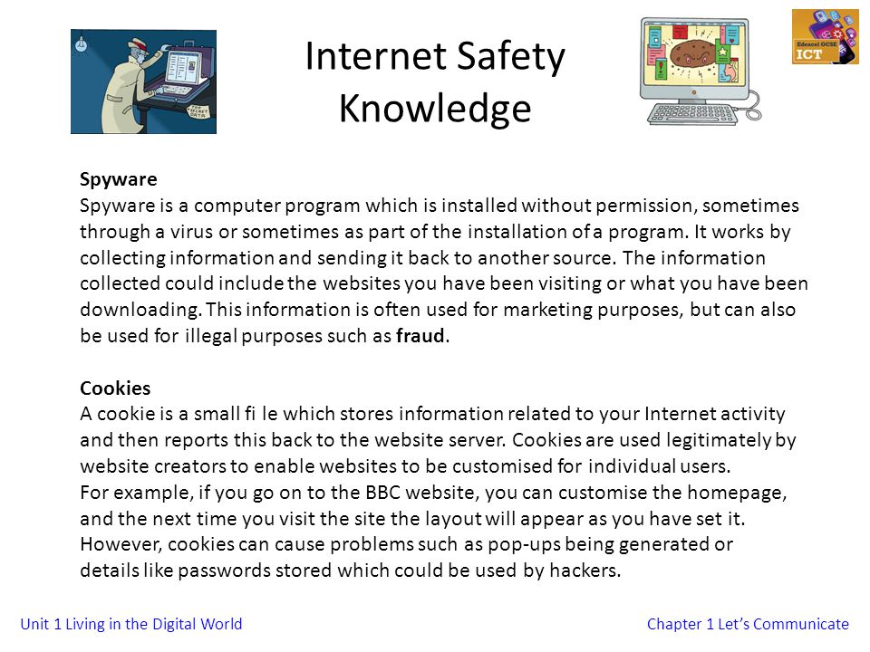 Unit 1 Living in the Digital WorldChapter 1 Lets Communicate Internet Safety Knowledge Spyware Spyware is a computer program which is installed without permission, sometimes through a virus or sometimes as part of the installation of a program.