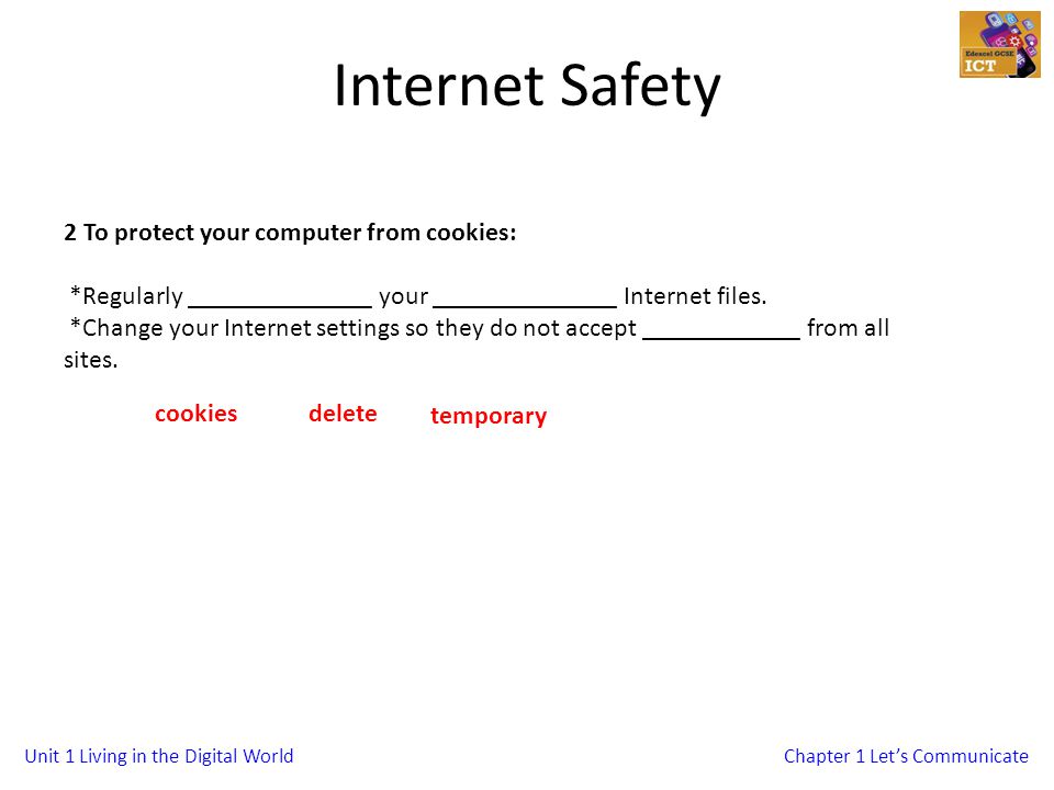 Unit 1 Living in the Digital WorldChapter 1 Lets Communicate Internet Safety 2 To protect your computer from cookies: *Regularly ______________ your ______________ Internet files.