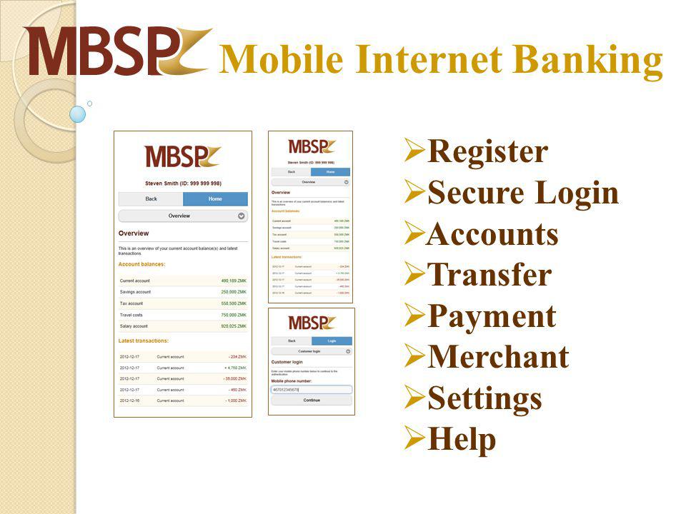 Mobile Internet Banking Register Secure Login Accounts Transfer Payment Merchant Settings Help