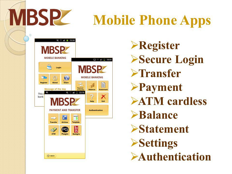 Mobile Phone Apps Register Secure Login Transfer Payment ATM cardless Balance Statement Settings Authentication