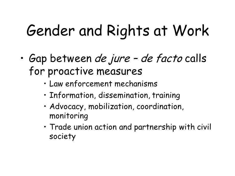 Gender and Rights at Work Gap between de jure – de facto calls for proactive measures Law enforcement mechanisms Information, dissemination, training Advocacy, mobilization, coordination, monitoring Trade union action and partnership with civil society