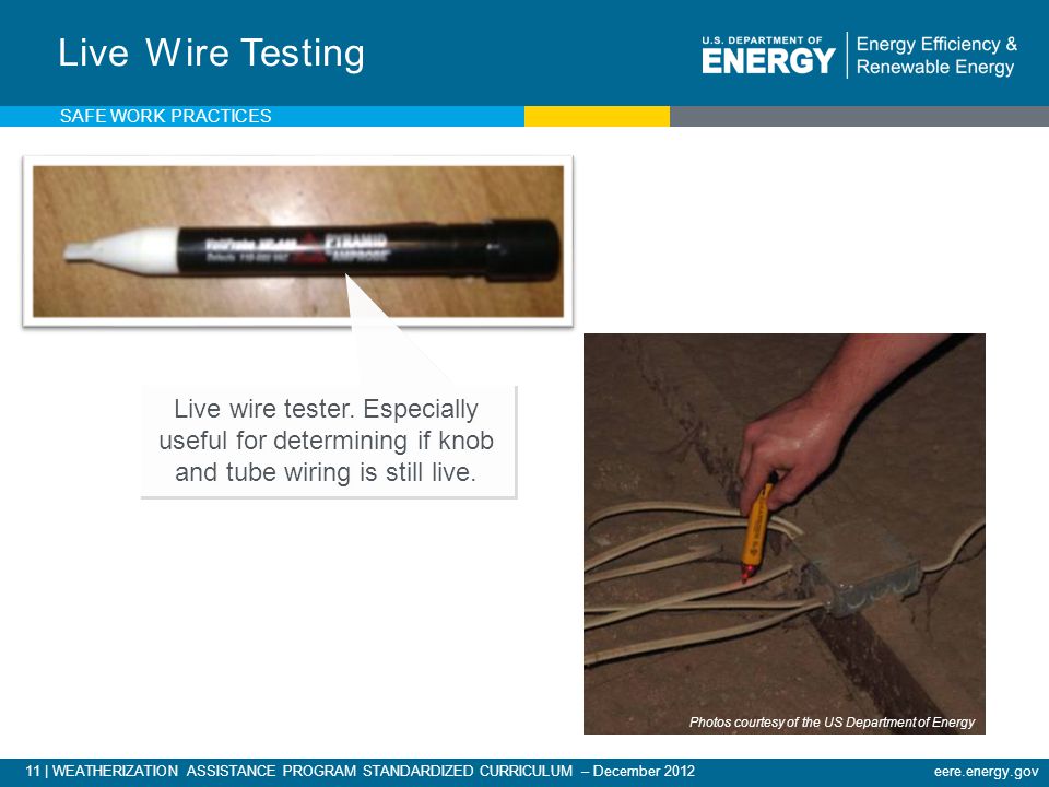 11 | WEATHERIZATION ASSISTANCE PROGRAM STANDARDIZED CURRICULUM – December 2012eere.energy.gov Live Wire Testing Live wire tester.
