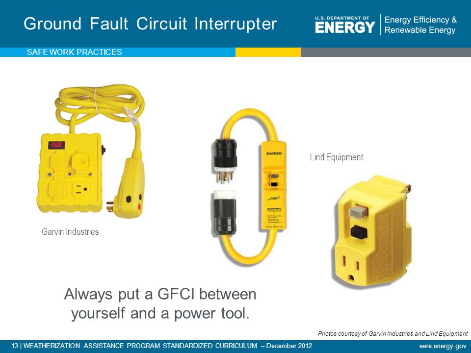 13 | WEATHERIZATION ASSISTANCE PROGRAM STANDARDIZED CURRICULUM – December 2012eere.energy.gov Ground Fault Circuit Interrupter Always put a GFCI between yourself and a power tool.