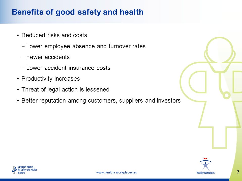 3   Benefits of good safety and health Reduced risks and costs Lower employee absence and turnover rates Fewer accidents Lower accident insurance costs Productivity increases Threat of legal action is lessened Better reputation among customers, suppliers and investors