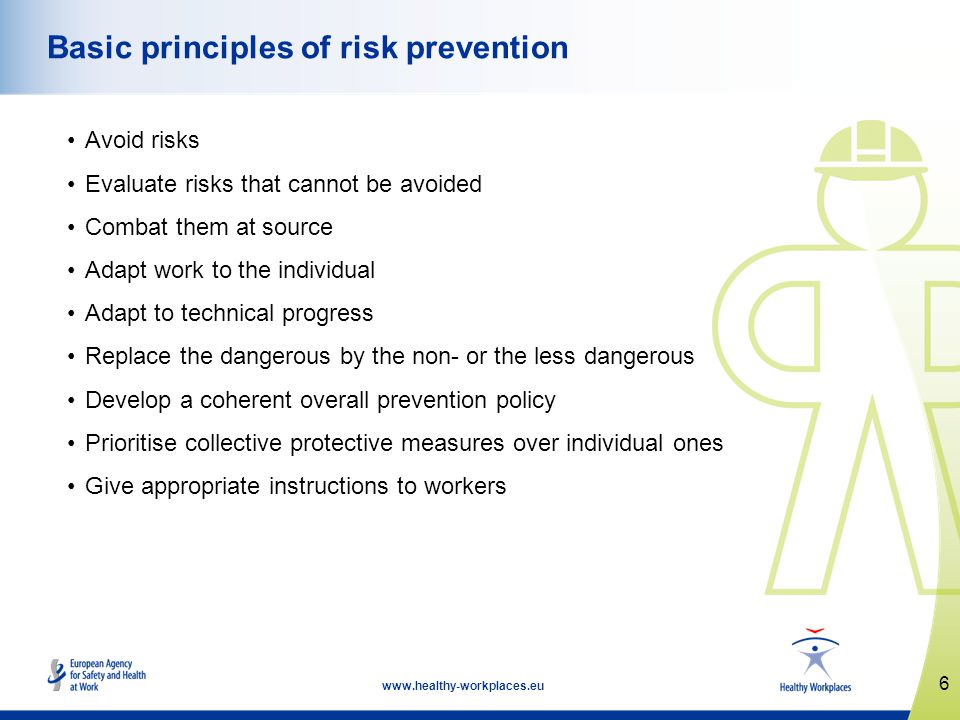 6   Basic principles of risk prevention Avoid risks Evaluate risks that cannot be avoided Combat them at source Adapt work to the individual Adapt to technical progress Replace the dangerous by the non- or the less dangerous Develop a coherent overall prevention policy Prioritise collective protective measures over individual ones Give appropriate instructions to workers