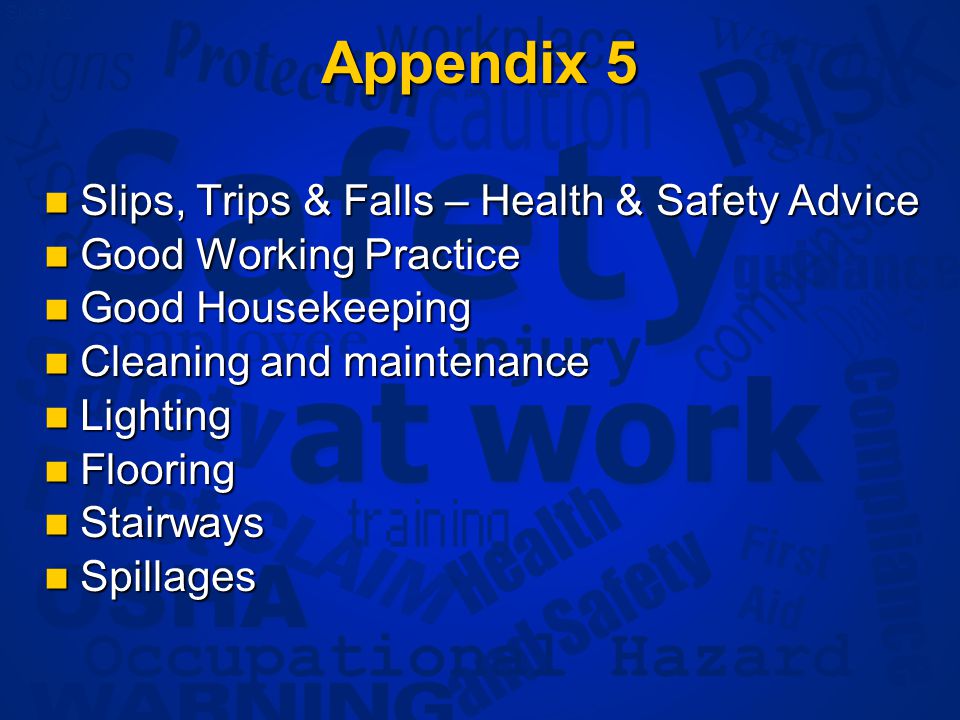 Slide 12 Appendix 5 Slips, Trips & Falls – Health & Safety Advice Slips, Trips & Falls – Health & Safety Advice Good Working Practice Good Working Practice Good Housekeeping Good Housekeeping Cleaning and maintenance Cleaning and maintenance Lighting Lighting Flooring Flooring Stairways Stairways Spillages Spillages