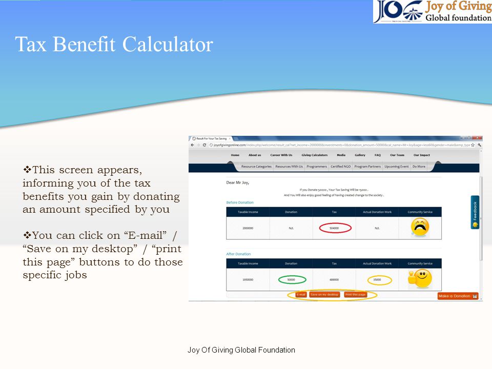 This screen appears, informing you of the tax benefits you gain by donating an amount specified by you You can click on  / Save on my desktop / print this page buttons to do those specific jobs Joy Of Giving Global Foundation Tax Benefit Calculator