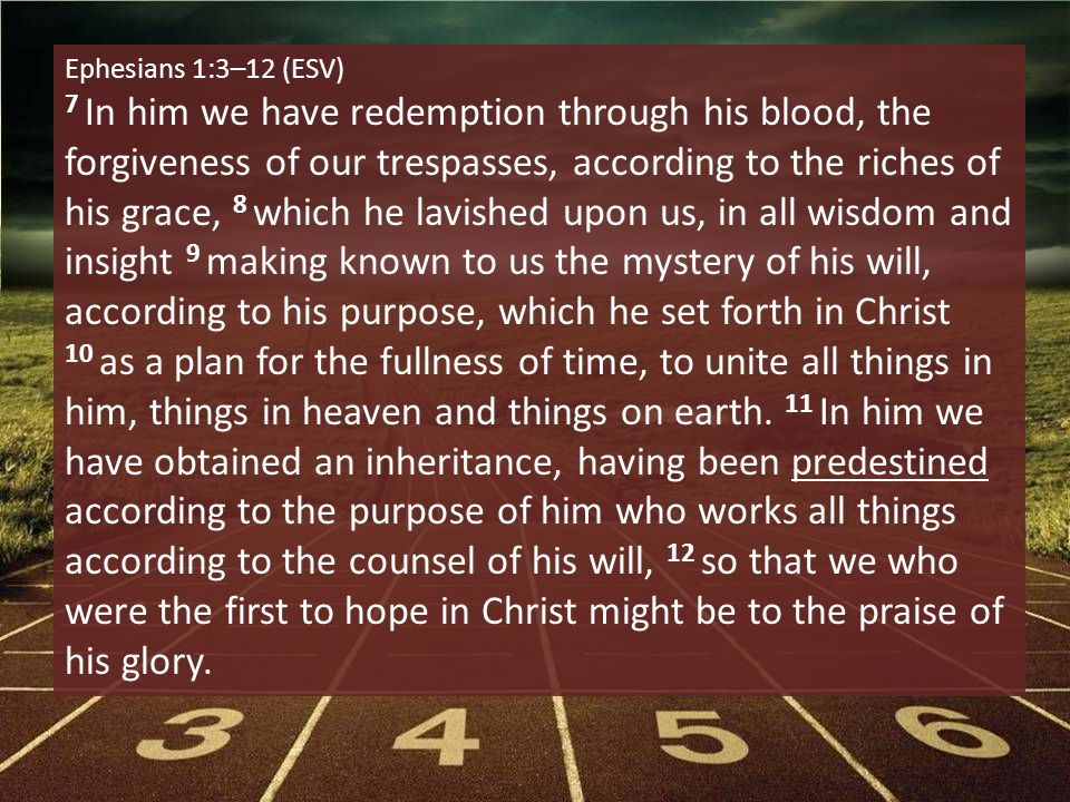 Ephesians 1:3–12 (ESV) 7 In him we have redemption through his blood, the forgiveness of our trespasses, according to the riches of his grace, 8 which he lavished upon us, in all wisdom and insight 9 making known to us the mystery of his will, according to his purpose, which he set forth in Christ 10 as a plan for the fullness of time, to unite all things in him, things in heaven and things on earth.