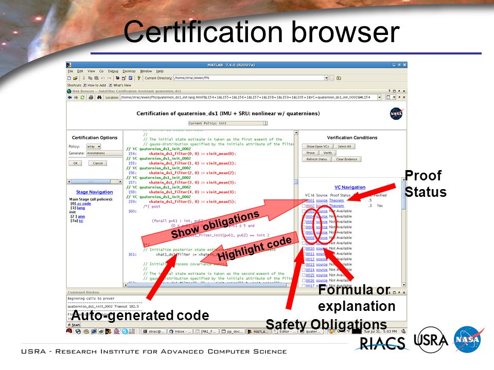 Certification browser Auto-generated code Proof Status Show obligations Safety Obligations Highlight code Formula or explanation