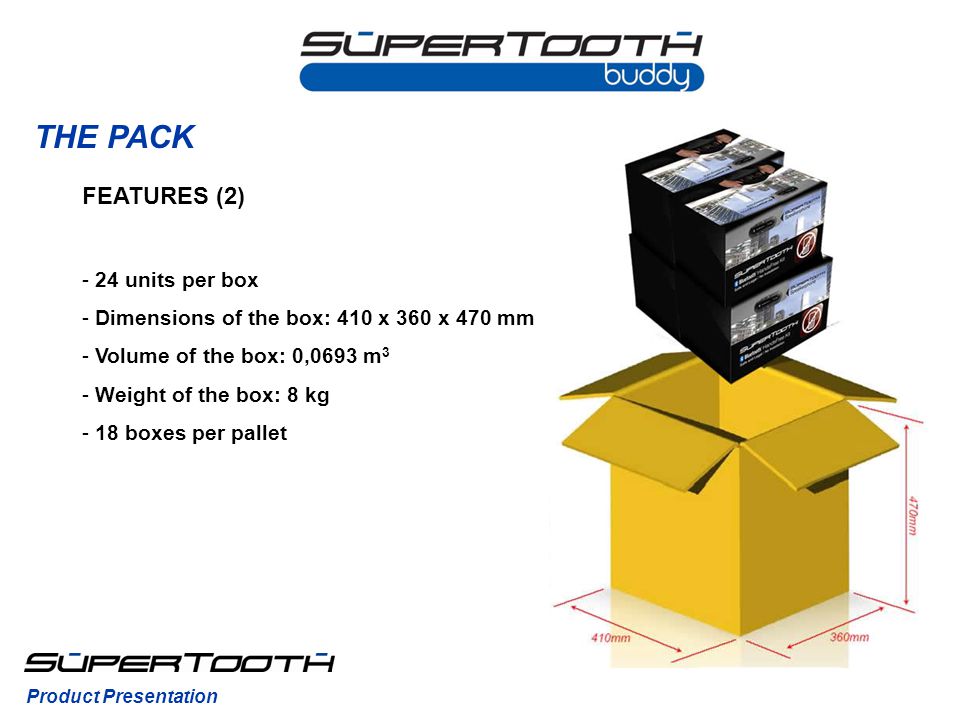 THE PACK FEATURES (2) - 24 units per box - Dimensions of the box: 410 x 360 x 470 mm - Volume of the box: 0,0693 m 3 - Weight of the box: 8 kg - 18 boxes per pallet Product Presentation