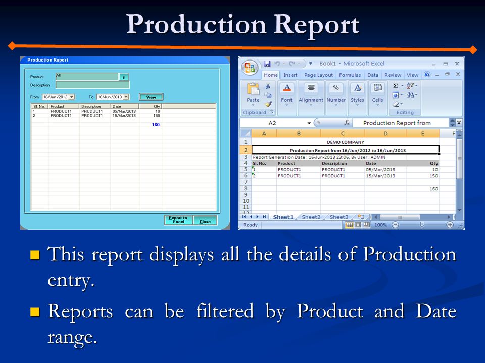 Production Report This report displays all the details of Production entry.