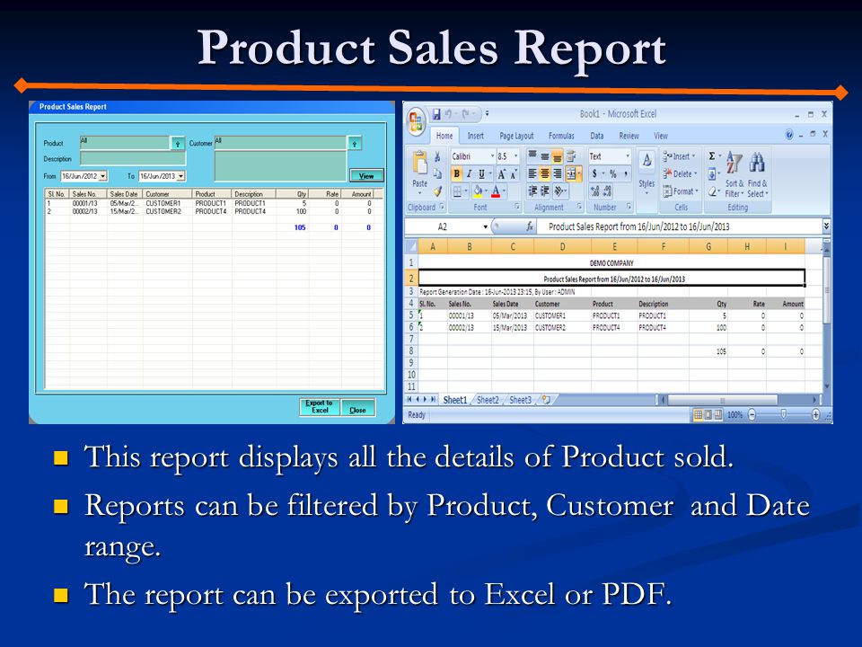 Product Sales Report This report displays all the details of Product sold.