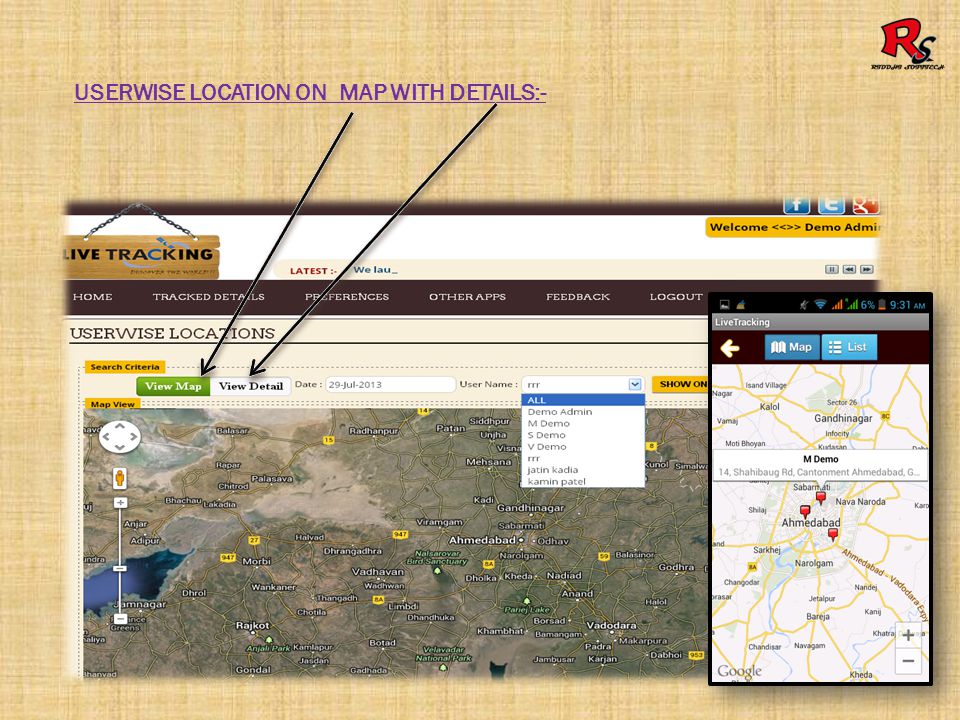 USERWISE LOCATION ON MAP WITH DETAILS:-