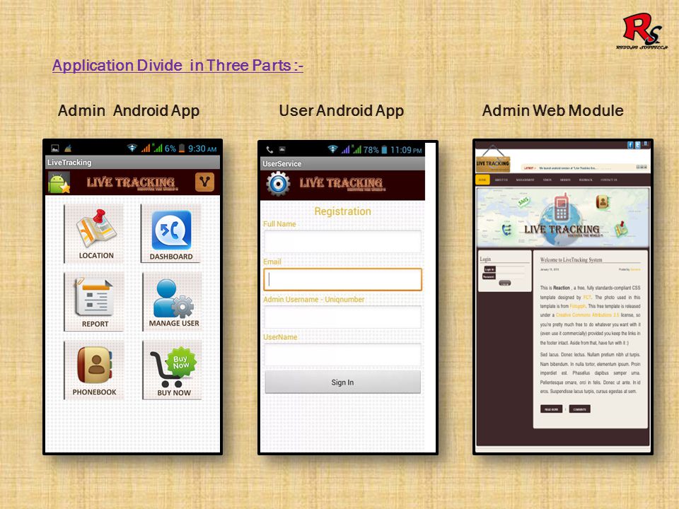 Application Divide in Three Parts :- Admin Android AppUser Android AppAdmin Web Module