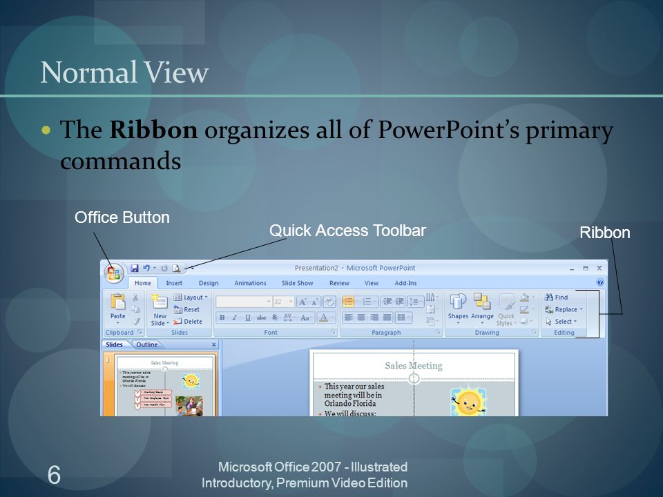 6 Microsoft Office Illustrated Introductory, Premium Video Edition Normal View The Ribbon organizes all of PowerPoints primary commands Office Button Quick Access Toolbar Ribbon