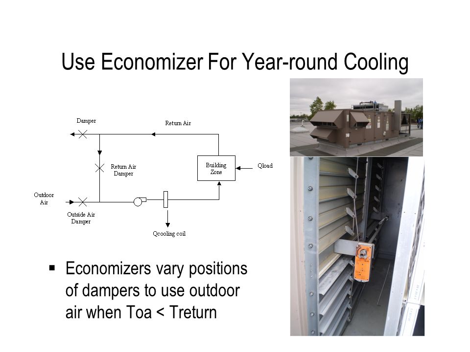 Use Economizer For Year-round Cooling Economizers vary positions of dampers to use outdoor air when Toa < Treturn