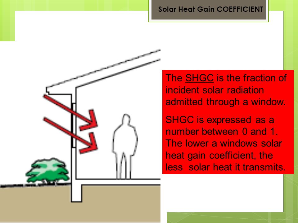 The SHGC is the fraction of incident solar radiation admitted through a window.