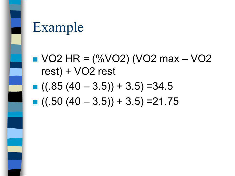 Example n VO2 HR = (%VO2) (VO2 max – VO2 rest) + VO2 rest n ((.85 (40 – 3.5)) + 3.5) =34.5 n ((.50 (40 – 3.5)) + 3.5) =21.75