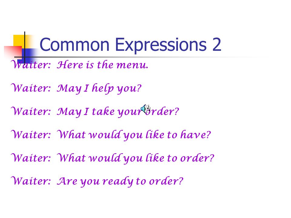 Common Expressions 1 Waiter: Good afternoon. Waiter: Good evening.