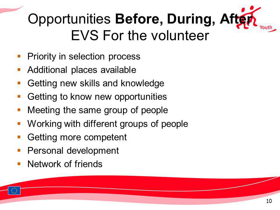 Opportunities Before, During, After EVS For the volunteer Priority in selection process Additional places available Getting new skills and knowledge Getting to know new opportunities Meeting the same group of people Working with different groups of people Getting more competent Personal development Network of friends 10
