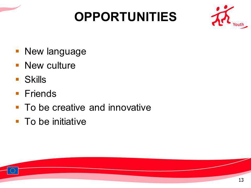 OPPORTUNITIES New language New culture Skills Friends To be creative and innovative To be initiative 13