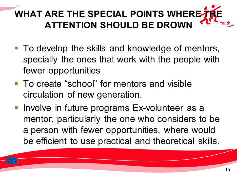 WHAT ARE THE SPECIAL POINTS WHERE THE ATTENTION SHOULD BE DROWN To develop the skills and knowledge of mentors, specially the ones that work with the people with fewer opportunities To create school for mentors and visible circulation of new generation.