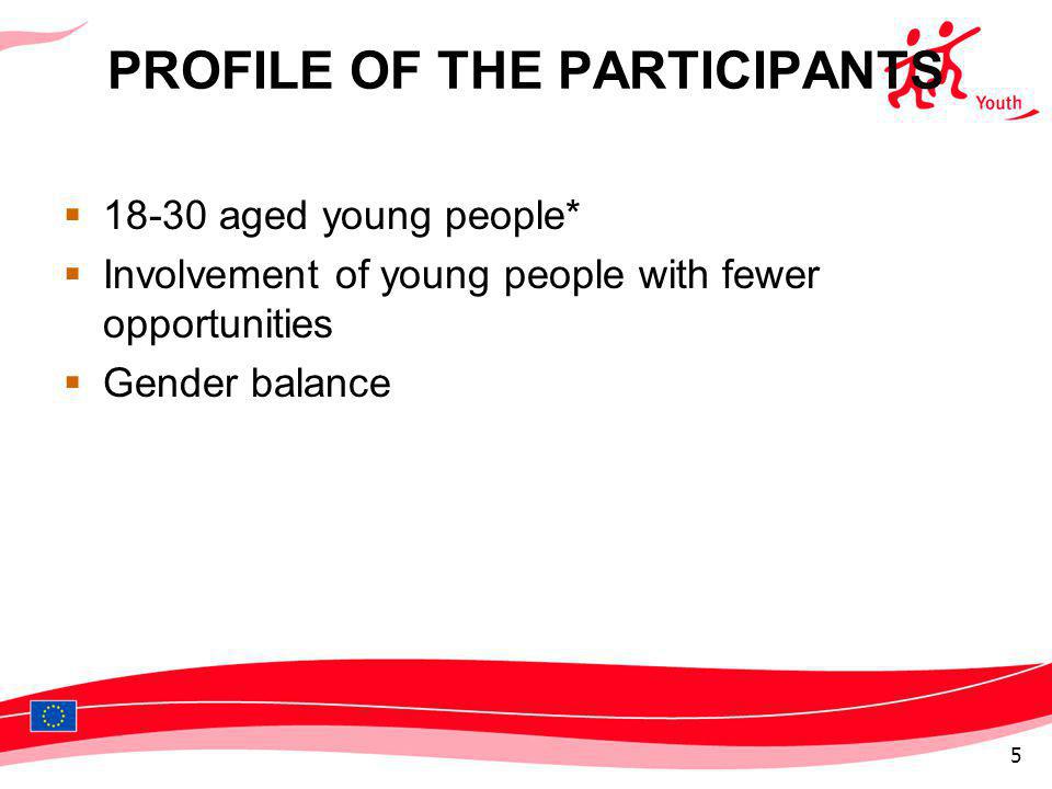 PROFILE OF THE PARTICIPANTS aged young people* Involvement of young people with fewer opportunities Gender balance 5