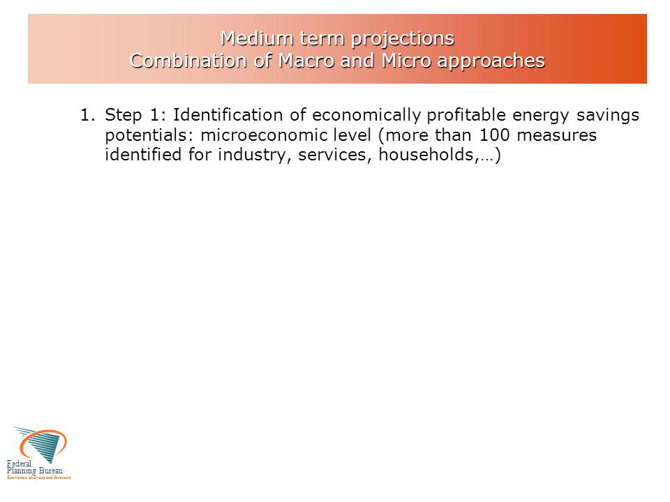 Federal Planning Bureau Economic analyses and forecasts Medium term projections Combination of Macro and Micro approaches 1.Step 1: Identification of economically profitable energy savings potentials: microeconomic level (more than 100 measures identified for industry, services, households,…)