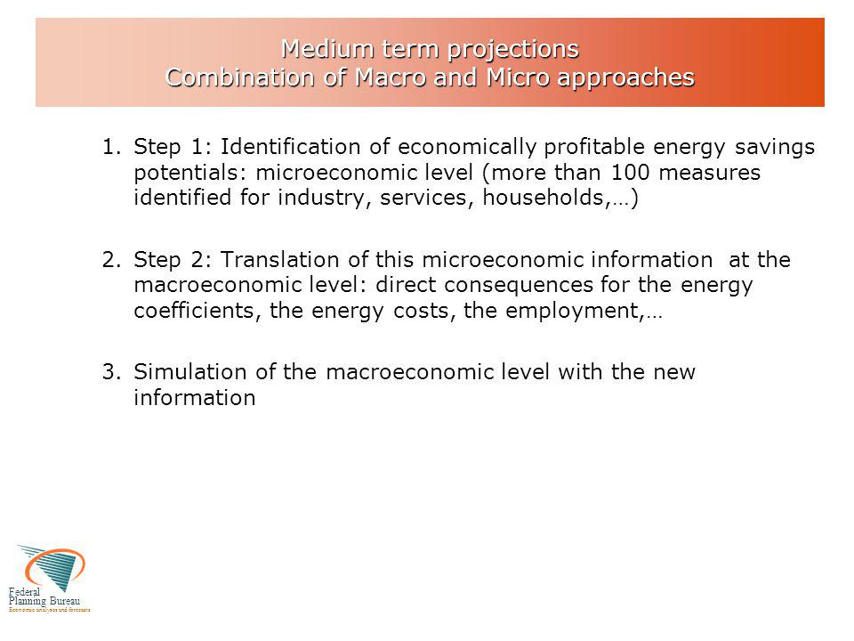 Federal Planning Bureau Economic analyses and forecasts Medium term projections Combination of Macro and Micro approaches 1.Step 1: Identification of economically profitable energy savings potentials: microeconomic level (more than 100 measures identified for industry, services, households,…) 2.Step 2: Translation of this microeconomic information at the macroeconomic level: direct consequences for the energy coefficients, the energy costs, the employment,… 3.Simulation of the macroeconomic level with the new information